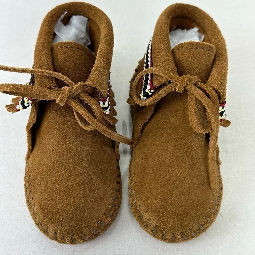 MINNETONKA Moccasins Suede Braid Bootie Brown Infant Size 6 Boots Leather